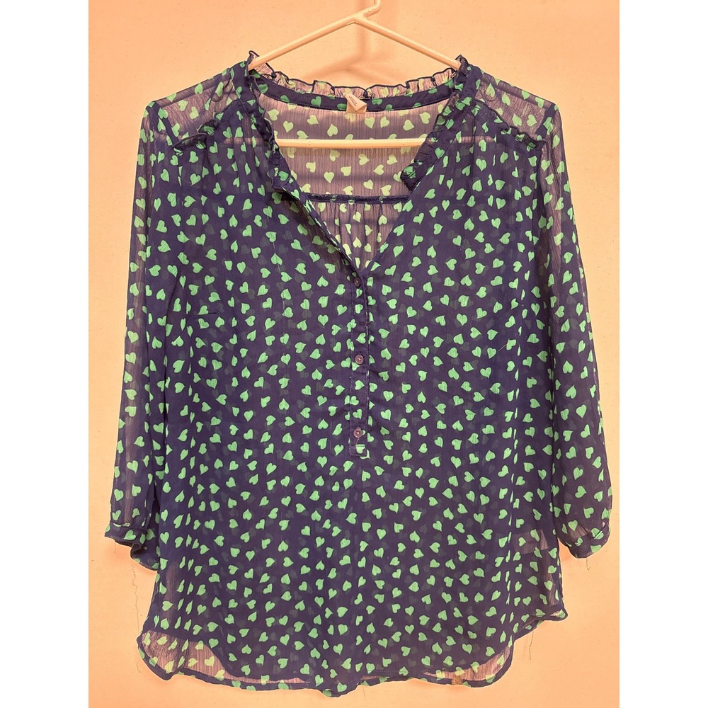 Old Navy Navy Blue Green Heart Print Ruffle Neck Chiffon Blouse Large